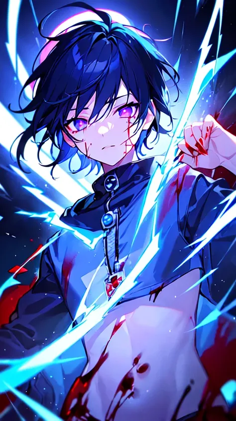 [(BLACK BACKGROUND:1.5),::5], ((((masterpiece)))), high quality, ultra very high resolution, full color, (((solo))), ((little boy)), black hair, ((blue colored inner hair)), ((purple eyes)), anime, ((upper body)), neon light, black parka, (lightning effect...