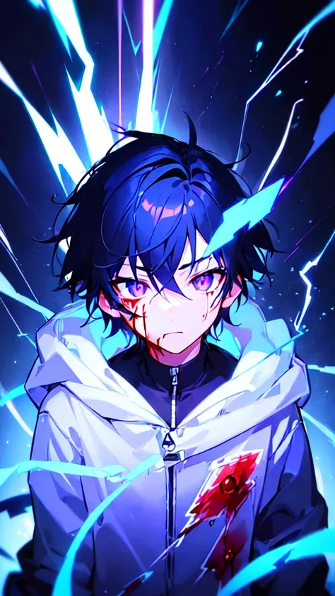 [(BLACK BACKGROUND:1.5),::5], ((((masterpiece)))), high quality, ultra very high resolution, full color, (((solo))), ((little boy)), black hair, ((blue colored inner hair)), ((purple eyes)), anime, ((upper body)), neon light, black parka, (lightning effect...