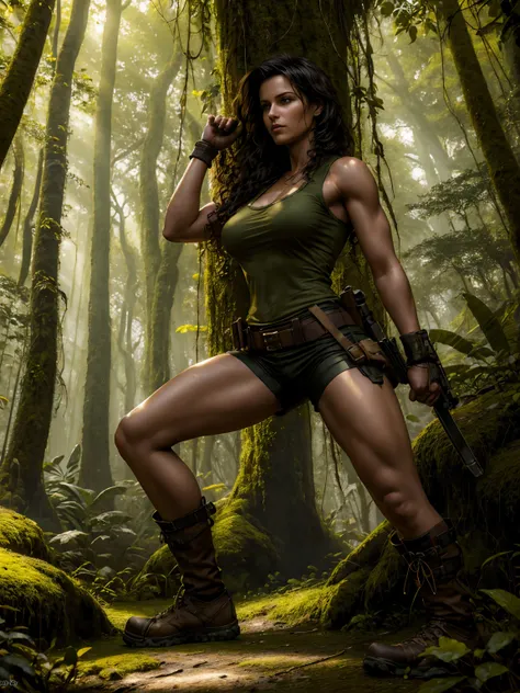 (Best quality,4K,8 k,A high resolution,masterpiece:1.2),ultra detailed,(realistic,photorealistic,photo-realistic:1.37),sexy Lara Croft,I hold 2 pistols,adventurous,confident expression,curly dark hair,physical training,tactical clothes,cobalt blue tank and...