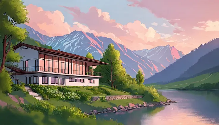 line art, aesthetic art, evening, sunset, clouds, in the valley, surrounded by big mountains, highly detailed architect house on river side, green trees, bushes, sunset light pink colour.