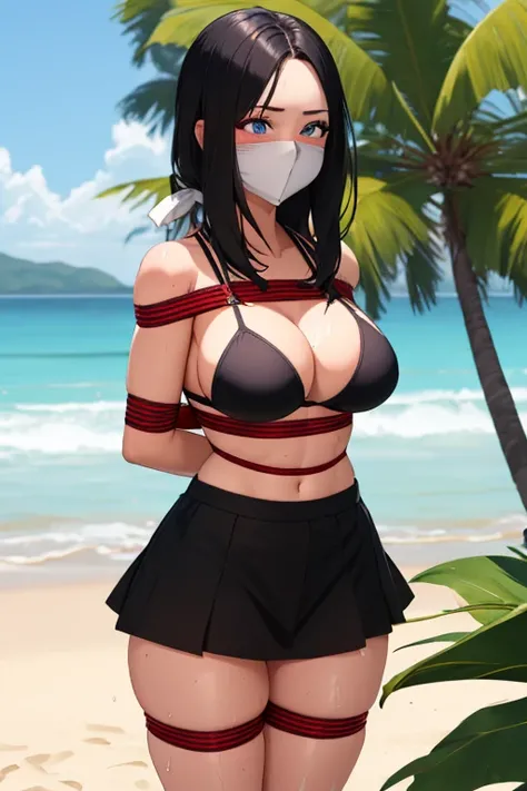 1 girl, detailed blue eyes, lange wimpern, detailed beautiful face, 4k quality, (Long black hair:1.4), (arms behind back:1.6), gefesselte Arme, Red rope, (blushing:1.2), (Big boobs:1.4), (black Bikini, black skirt with Bikini under, höschen mit seiten schn...