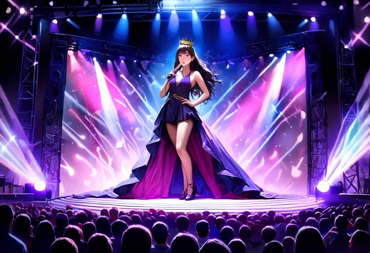 (best quality,4K,8k,high resolution,masterpiece:1.2),Super detailed,(actual,photoactual,photo-actual:1.37),weekend,seated on a throne,gold crown,Royal purple velvet robe,exquisite jewelry,Stage lighting illuminates the scene,confident expression,slim micro...