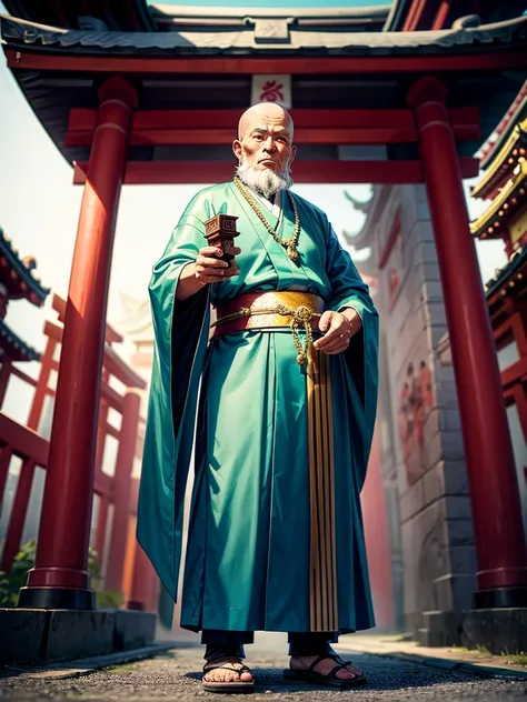 Highest quality,Highest Resolution,An old monk holding a rosary,Temple grounds,Japan,Skinhead,Standing posture,Crystal Jade,Boxing,