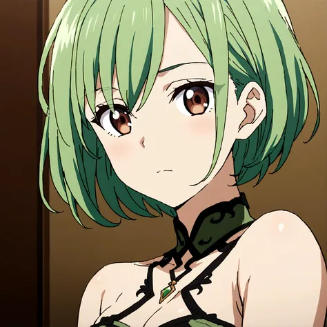 ((best quality)), (detailed), 1girl, , anime, green short hair, brown eyes, not sexy, beautiful