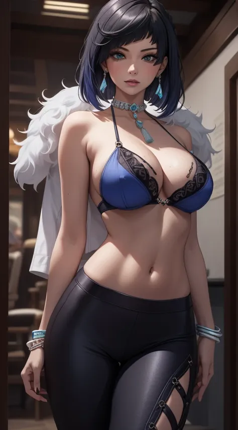 Best quality, masterpiece, realistic, Beautiful sexy cool tall, slim, fit woman, wearing sexy short fancy silver-blue sequin bikini  top and black tight pants, midriff, intricate and highly detailed, big breasts, deep cleavage, bob black hair, body chain, ...