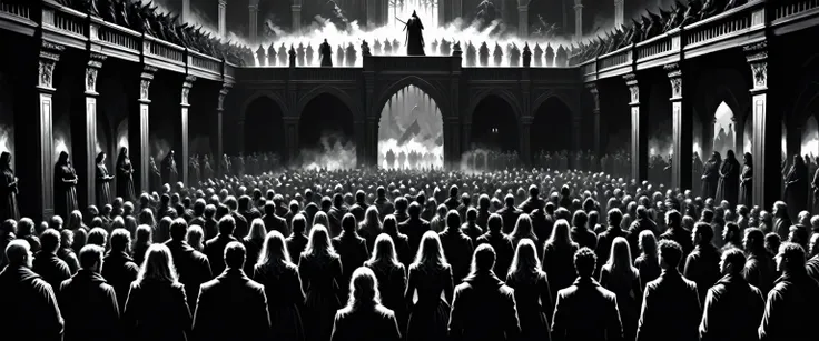 concept art a black and white drawing of a crowd in a dark room, dark fantasy illustration, dark fantasy horror art, surreal dar...