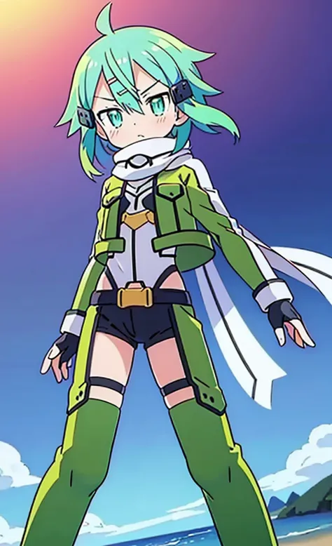 masterpiece,Highest quality,1 Girl,alone,Pokémon-like art style,(bold:1.6),(flat:1.5), SINON, SCARF, FINGERLESS GLOVES, LONG SLEEVES, SHORT SHORTS, hair ornament, HAIRCLIP, GREEN THIGHHIGHS, GREEN JACKET, THIGH STRAP, Thigh to head, loli, Beach