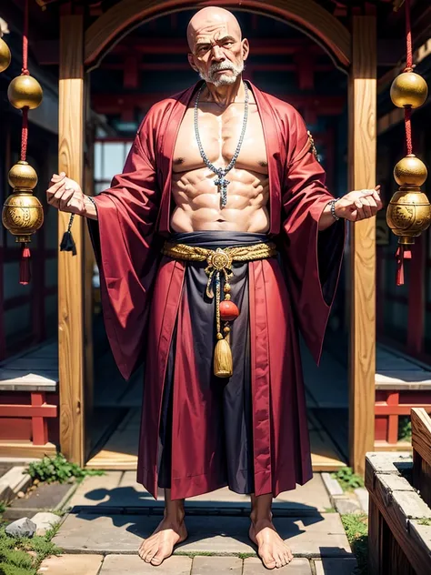 Highest quality,Highest Resolution,An old monk holding a rosary,Temple grounds,Japan,Skinhead,Standing posture,Crystal Jade,Boxing,