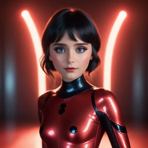 High detail RAW color, full body shot, Marinette Dupain-Cheng in (euphoria:1.0), dark makeup, (dramatic, mysterious, symmetrical background, lightshafts, dark:1.2), bokeh, shallow focus, f2, 85mm, (backlit:1.1), serious, moody, red ladybug chrome bodysuit,...