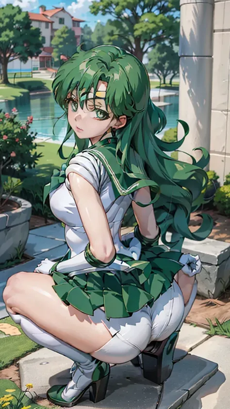 Anime Girlsセーラー戦士。White panties、Beautiful Faces、Beautiful thighs、 with green hair and green stockings posing on a bed, seductive Anime Girls, beautiful Anime Girls squatting, the Anime Girls is crouching, I also make fan art, Beautiful and attractive anime...