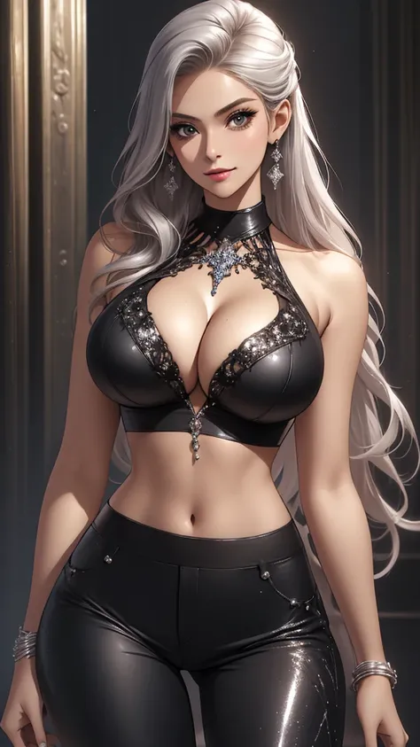 Best quality, masterpiece, realistic, Beautiful sexy cool tall, slim, fit woman, wearing fancy silver-white sequin cropped  top and black pants, intricate and highly detailed, cleavage, long silver hair, body chain, jewelry, perfect breasts, cleavage