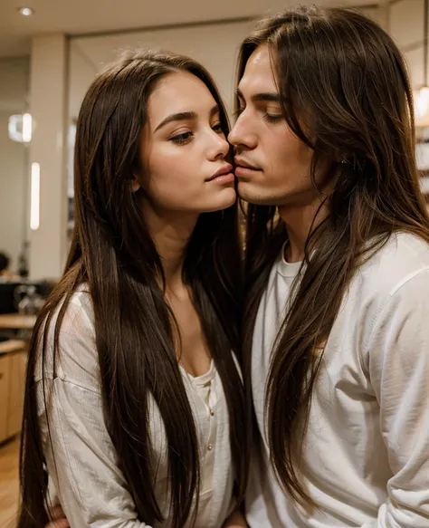 Man and girl with long hair kiss in real love story.