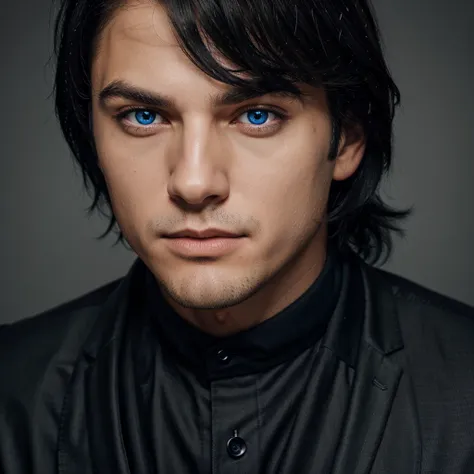 Man in black hair suit with blue eyes