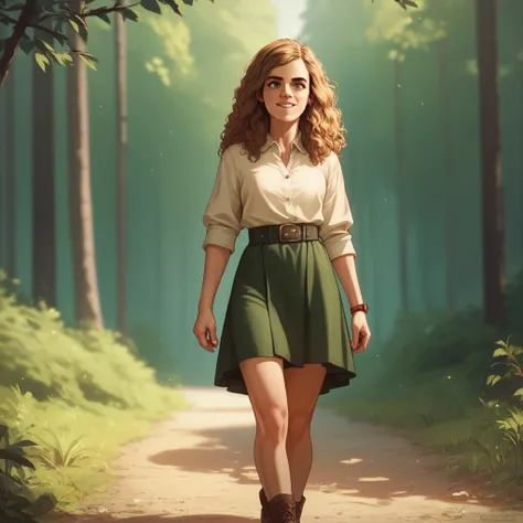 Hermione granger in wizard clothes walking in forest happy 