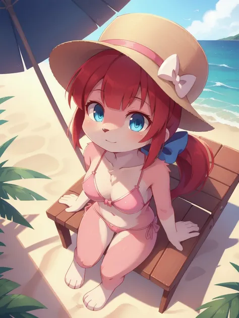 furry girl, cat, red hair, Knight bangs hairstyle, long ponytail, anime style, medium breasts, blue eyes, ((bright pink bikini Bandeau with bow in the center, side bows at the bottom, Sunglasses and wide-brimmed hat)), high quality, detailed body, detailed...