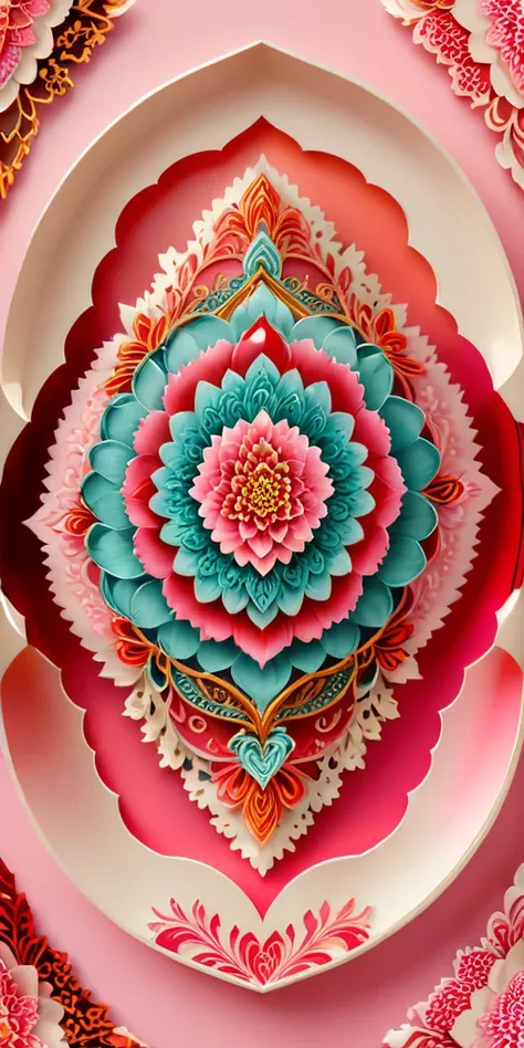 1 crystal heart red color, at center, pastel pink background and mandala motifs