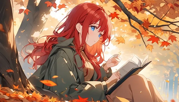 Beautiful Anime art: a woman 21 years old, with blue eyes and long red hair in a gray-green coat, sits under a tree and reads a book, autumn leaves are falling from above