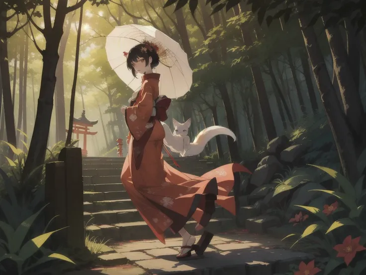 In the serene and mystical forest, where ancient lanterns light the way and the air is filled with the whispers of old spirits, a graceful young woman walks with an air of quiet confidence. Dressed in a beautifully embroidered kimono, she carries a traditi...