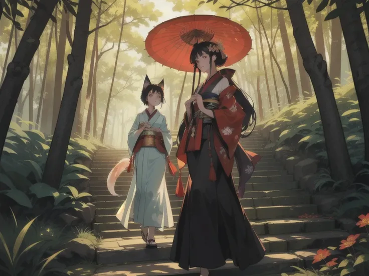 In the serene and mystical forest, where ancient lanterns light the way and the air is filled with the whispers of old spirits, a graceful young woman walks with an air of quiet confidence. Dressed in a beautifully embroidered kimono, she carries a traditi...