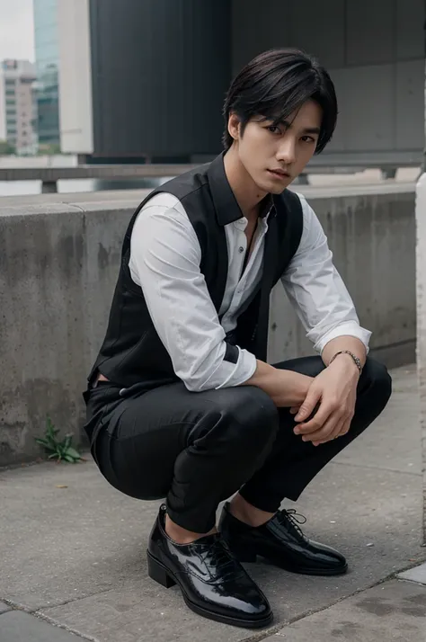 Kpop male, handsome, black vest, white collared shirt, vlack hair, sitting on the ground, black pants, long legs, black socks, black shiny dress shoes