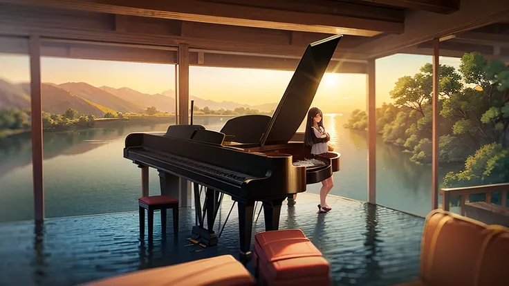 ((Highest quality)), ((masterpiece)), (detailed),(High resolution:1.2),((Girl playing piano)),mysterious,lake,((dynamic)),(Mitsuro Kubo:1.1),(detailedな雲景:1.3)