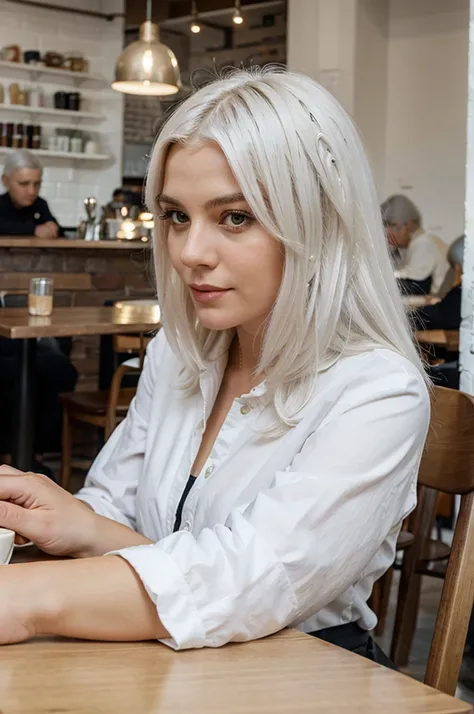 woman white hair sitting in a cafe