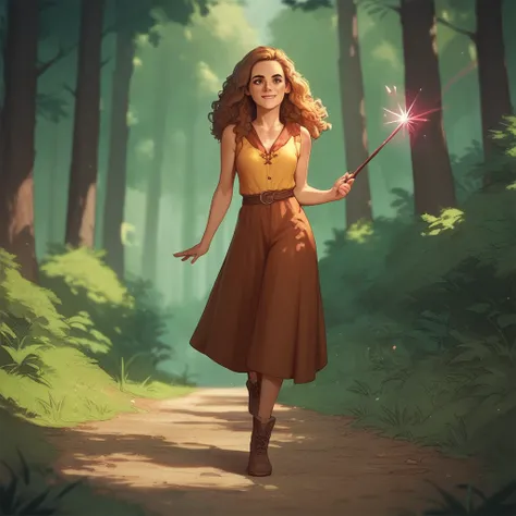 Hermione granger in Hogwarts clothes walking in forest happy holding magic stick 