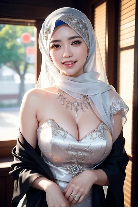 a gorgeous middle-aged busty hot mom, hijab, formal suit, beautiful smile showing teeth, pov, lover, cinematic lighting, (best quality,4k,8k,highres,masterpiece:1.2),ultra-detailed,(realistic,photorealistic,photo-realistic:1.37),HDR,UHD,studio lighting,ult...