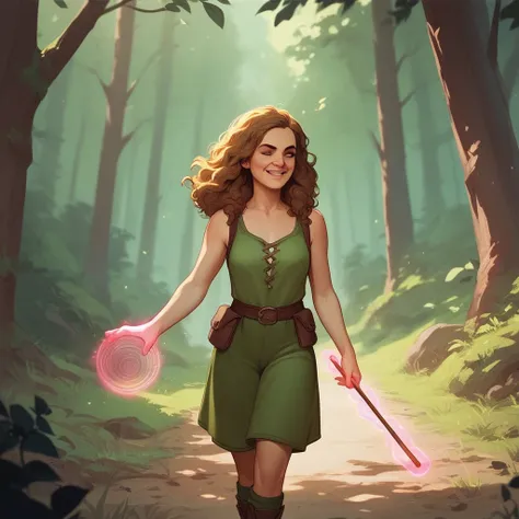 Hermione granger in Hogwarts clothes walking in forest happy holding magic stick 