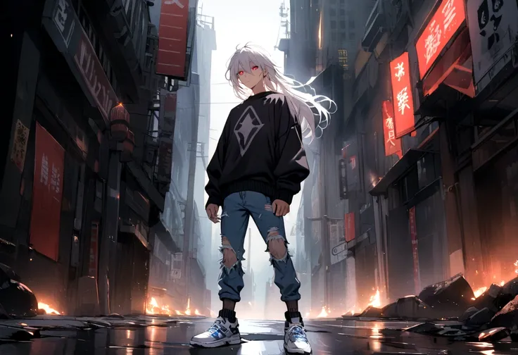 A guy with shoulder-length white hair and light red eyes.wore a black jumper, ripped red jeans and blue and white sneakers