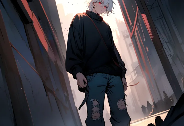 A guy with shoulder-length white hair and light red eyes.wore a black jumper, ripped red jeans and blue and white sneakers