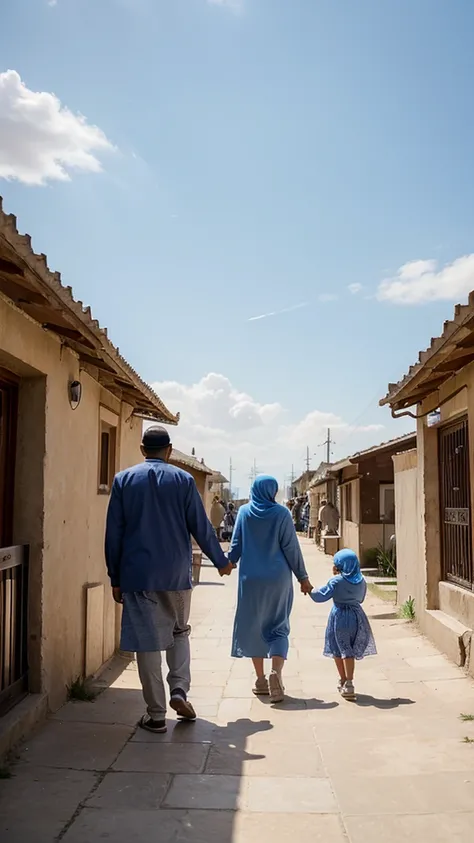 Happy family including father and muslim mother take the hand of their kids and walking under the blue sky in the day time