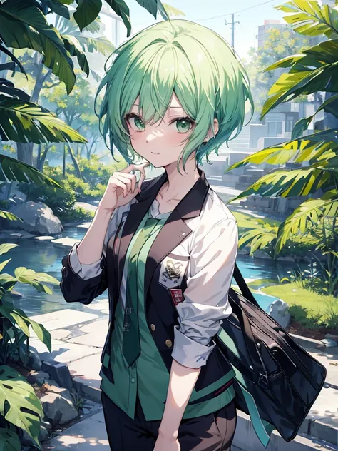 anime style 4 k, anime style. 8k, anime art wallpaper 8k, light green hair, no background, graduated haircut, business suit,