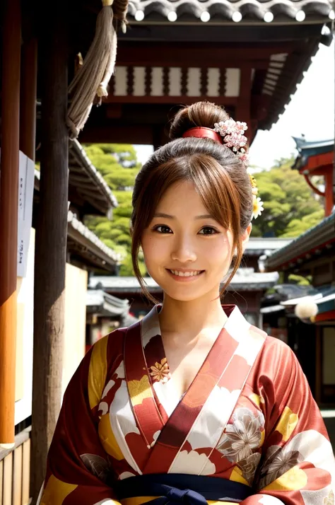 1woman, idol, ponytail, brown hair, shrine, yukata, festival, smile,