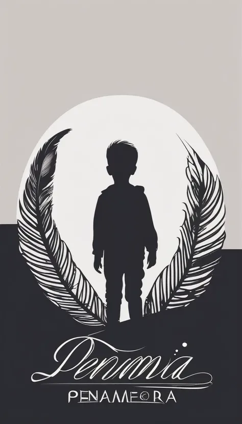 Create a minimal, modern, simple, inspirational, memorable, dream like logo design of a boy and a feather for the brand “Penamemoria".
