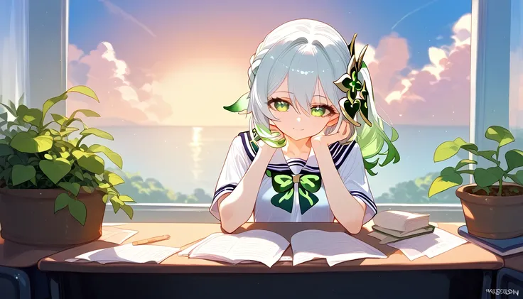 score_9,score_8_up,score_7_up,
1girl,solo,nahida,genshin impact,closed mouth,,at school,(school uniform:1.2),,looking at viewer, smile, windows, sunset, at desk,sun, clouds, greenery