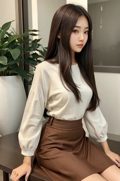 Korean skirt top, beautiful long hair, brown eyes, korean look