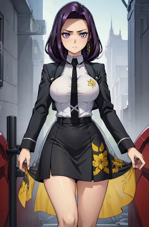 Masterpiece. detailed eyes, waist-length reddish purple hair, Large breasts, black dress, black shirt, magic_high_school_uniform, Charcoal jacket, black necktie, yellow skirt embroidery 