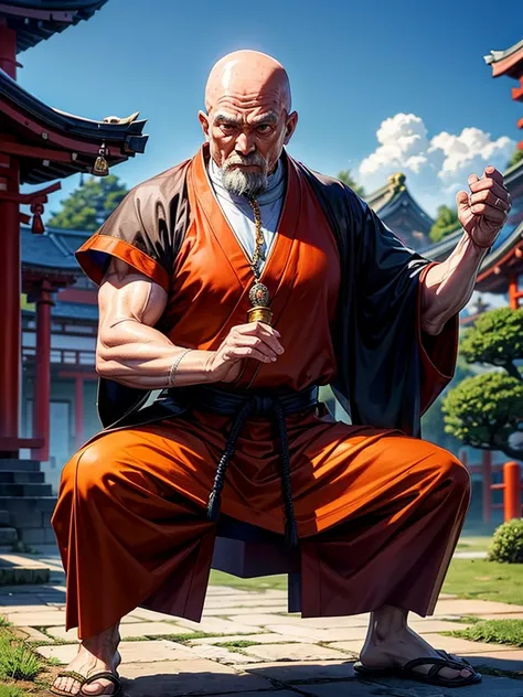 Highest quality,Highest Resolution,An old monk holding a rosary,Temple grounds,Japan,Skinhead,Crystal Jade,Kempo stance,Fighting Pose,