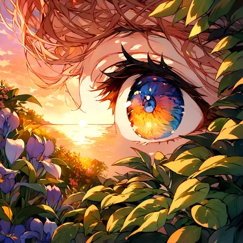 A close-up of an eye, reflecting a beautiful sunset view with gentle colors, lush greenery, and a peaceful landscape. The iris captures the warm hues of the sunset, surrounded by natural elements like leaves and flowers. Intricate detailing, vibrant colors...