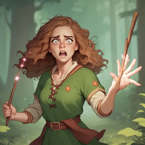 Hermione granger in Hogwarts clothes in forest holding magic stick running scared 