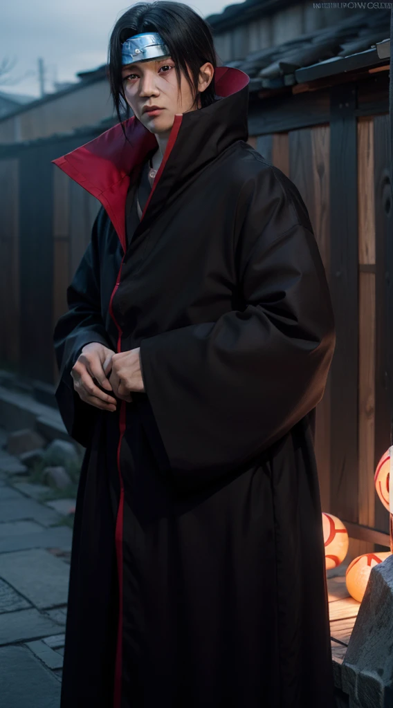 Obito uchiha from anime naruto, black hair, short hair, headband, akatsuki robe, red eyes, sharinggan eyes, looking at the viewer, standing, perfect body, piercing gaze, one man.