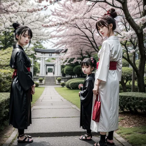 ((masterpiece,best quality)),2girls, black kimono, black legwear, black ribbon, black hair, cherry blossoms, day, flower, hair bun, hair ribbon, japanese clothes, kimono, long hair, looking at viewer, looking back, multiple girls, obi, outdoors, red eyes, ...