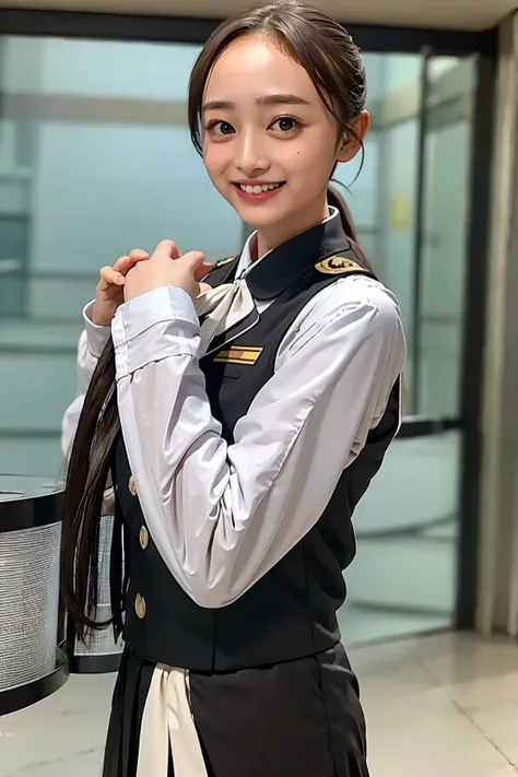 (((upper body shot))),Ultra-high resolution,big eyes,((brown eyes)),Japanese,(forehead),(a girl),(1 girl),((17 years old)),(cute),pretty,((facing at viewer)),arms behind back,grin,(((black uniform)))