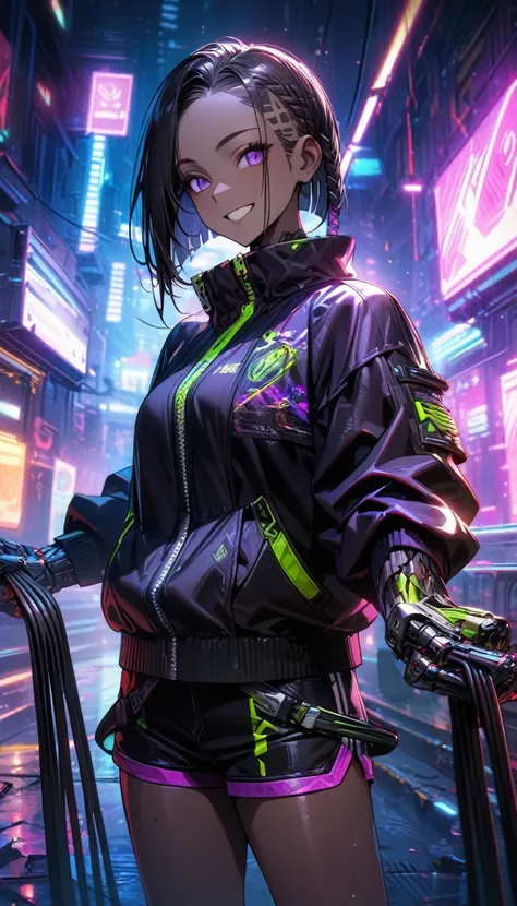 Adult man, ebony skin, black hair, cornrow haircut, purple eyes, cyberpunk black jacket, shorts, smile, cyborg hands with whips, Masterpiece, best quality, Full HD, 8k, ultra details, great graphic