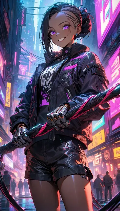 Adult man, ebony skin, black hair, cornrow haircut, purple eyes, cyberpunk black jacket, shorts, smile, cyborg hands with whips, Masterpiece, best quality, Full HD, 8k, ultra details, great graphic