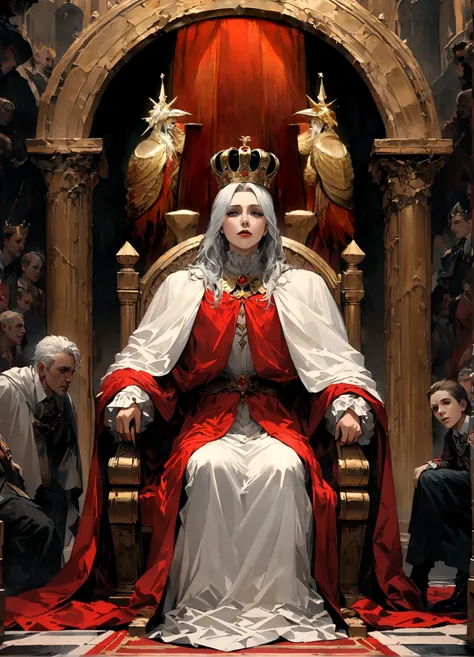 Fixes,Throne room scenery,oil painting style,king sitting on the throne,Subjects prostrating,A king with absolute power who looks down on his subjects,There is a distance between the kings throne and his subjects.,BREAK,the king is a newly crowned man,He w...