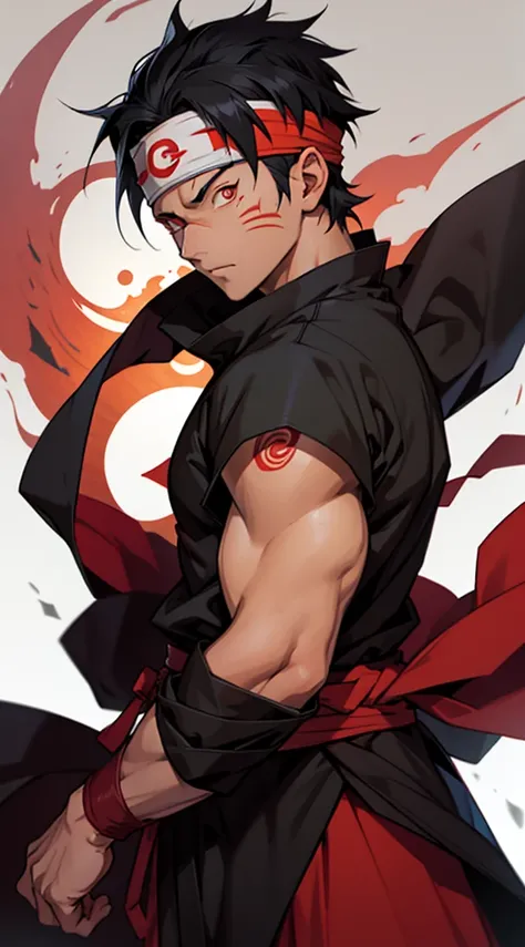 Obito uchiha from anime naruto, black hair, short hair, headband, akatsuki robe, red eyes, sharinggan eyes, looking at the viewer, standing, perfect body, piercing gaze, one man.