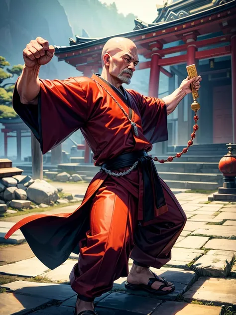 Highest quality,Highest Resolution,An old monk holding a rosary,Temple grounds,Japan,Skinhead,Crystal Jade,Kempo stance,Fighting Pose,