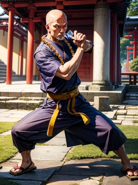 Highest quality,Highest Resolution,An old monk holding a rosary,Temple grounds,Japan,Skinhead,Crystal Jade,Kempo stance,Fighting Pose,